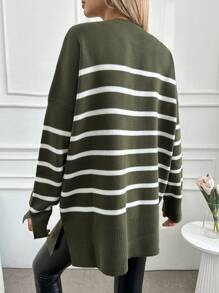 SHEIN Cottnline Ladies' Striped Long Sleeve Sweater - Khaki - View 3