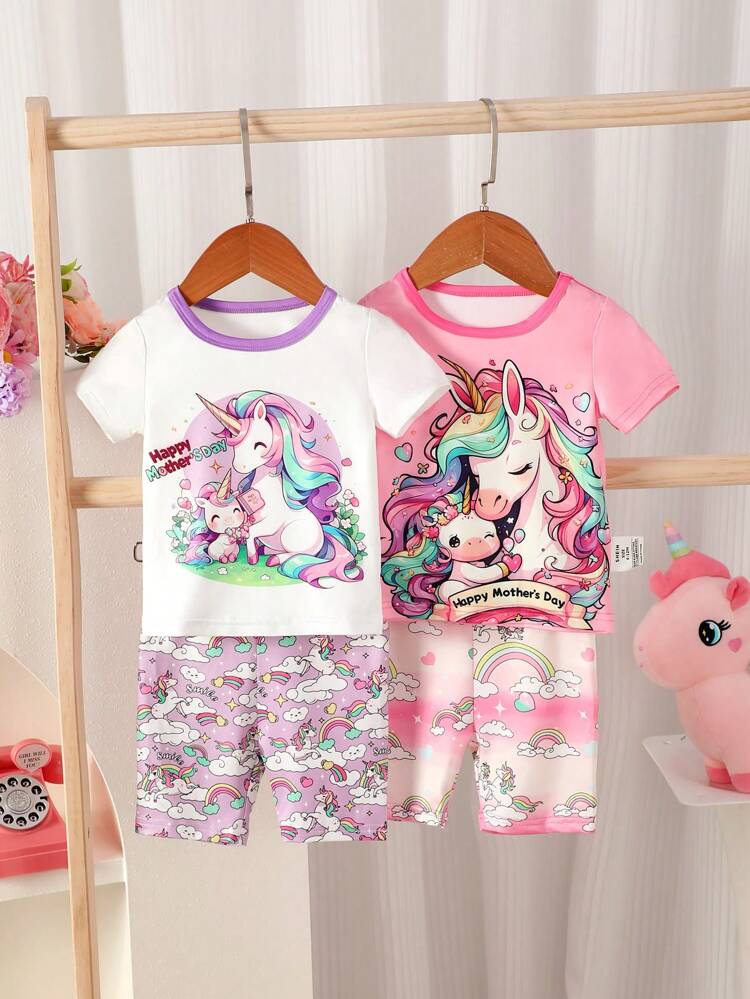 Baby Girl Leisure Cute Laser Digital Location Unicorn Print Short Sleeve Top And Shorts With Clouds Print, Multicolor Four-Piece Home Outfit Set, Snug Fit