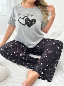 Conjunto de pijama de talla grande para mujer con parte superior de manga corta con cuello redondo con estampado de corazones y letras, y pantalones con estampado de cielo estrellado - Multicolor - Ver 6