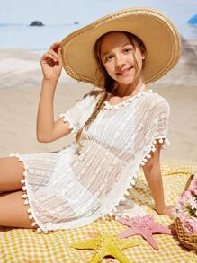 Tween Girls Cover Ups, Cute Knitted Jacquard White Lace Fabric With White Pom Pom Accents, Stylish, Casual, Exquisite & Elegant, Suitable For Swimming, Vacation, Summer - White - View 3