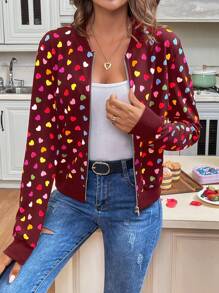 SHEIN LUNE Valentine Day Colorful Heart Print Short Jacket For Women - Red - View 1