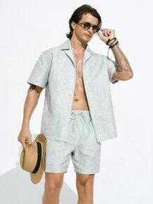 Manfinity Men Solid Color Simple Beach Short Sleeve Shirt And Shorts Set,Hawaiian