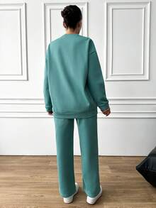 SHEIN Cottnline Ladies' Solid Color Drop Shoulder Fleece Sweatshirt And Sweatpants Set - Mint Blue - View 3