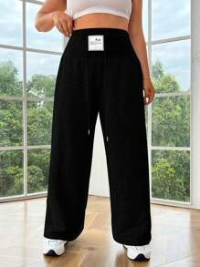 SHEIN EZwear Black Knitted Ladies Plus Size Loose Wide Leg Letter Patterned Casual Pants