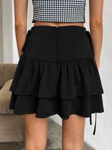 SHEIN Privé Falda de verano de moda para mujeres con cinturón de lazo cruzado lateral y dobladillo con volantes