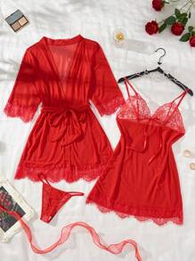 Ensemble de lingerie 4 pièces (incluant un string) en dentelle rouge sexy pour femmes