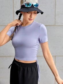 SHEIN Sports Outdoor Camping Hiking Urban Commute Fitness Casual Yoga Sports Cool Drawstring Short Sleeve Round Neck Plain T-Shirt - Purple - View 4