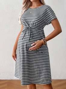 SHEIN Summer Fashionable Loose Striped Maternity Dress