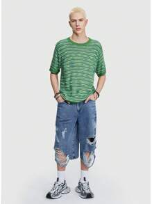 ROMWE MEN Street Life 綠色男士時尚短袖針織套頭毛衣 - 綠色 - 查看 2