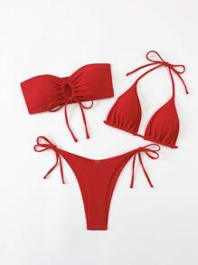 SHEIN Swim 純色露背式和無肩帶比基尼套裝上衣，側邊綁帶泳裝簡約式坦腹短褲，夏季海灘泳裝三件套裝，適用於夏季海灘 - 紅色 - 查看 4