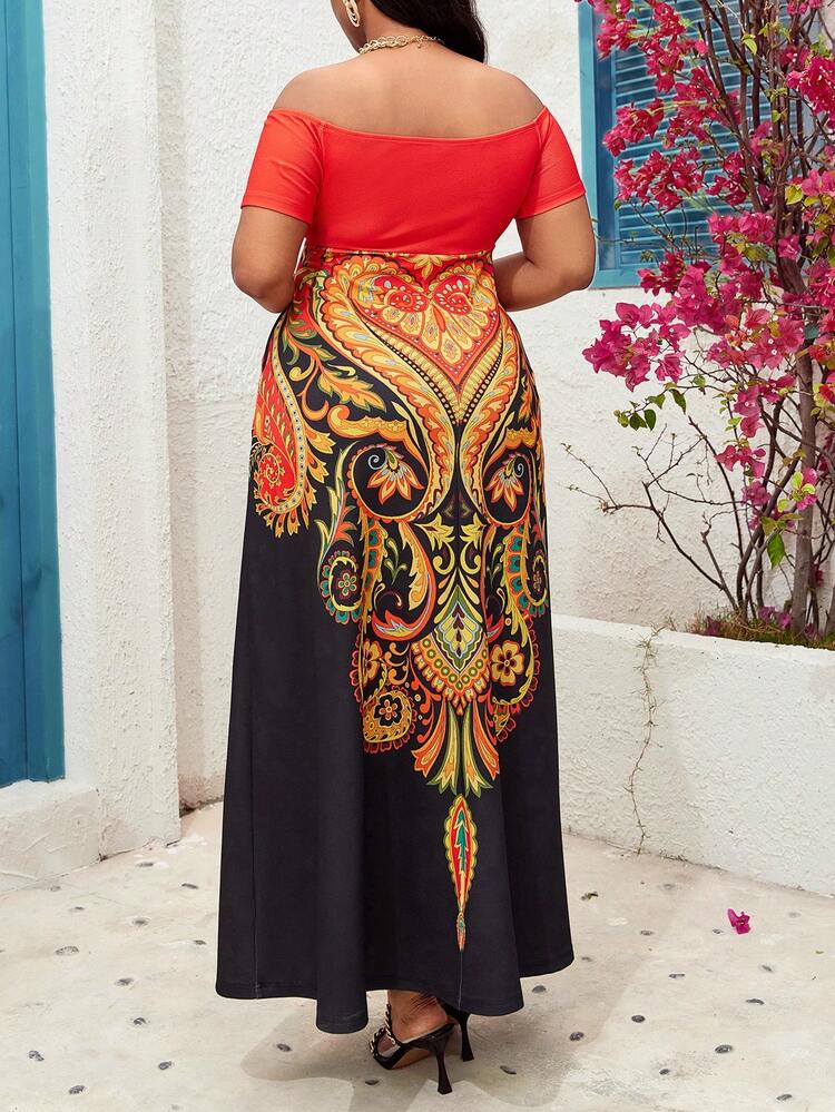 Plus Size Holiday Casual Color Block Retro Printed Off Shoulder Dress