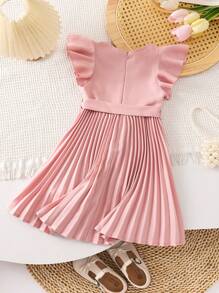 SHEIN LMoss Kids Vestito casual per ragazze in tinta unita con collo rotondo, maniche e orlo con volant