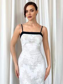 Aloruh Elegant Long Lace Dress For Wedding Season With Color Block And Open Back - White - View 1