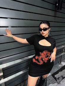 Flirla Đầm sườn xám tay ngắn cỡ lớn cho nữ có họa tiết hoa in hình rồng cho mùa hè - màu đen - Xem 5