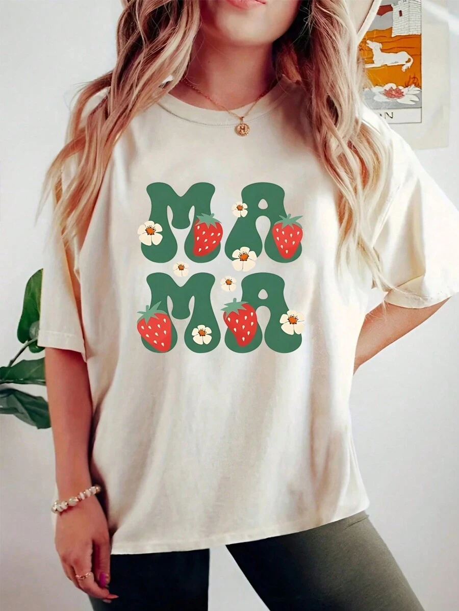 SHEIN LUNE Muttertag Mama Damen T-shirt - Aprikosenfarben - Übersicht 1