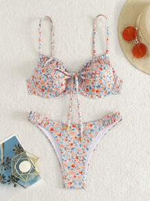 Swim Mod Women Ditsy Floral High Cut Bikini Set, Random Printed Summer Beach Vacation Bikini Set - Multicolor - View 5