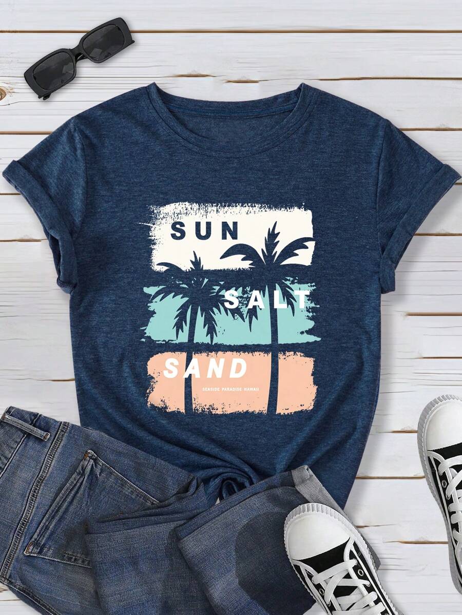 SHEIN LUNE Plus Size Women's Summer Coconut Tree & Letter Print Casual Short Sleeve T-Shirt With Hot Stamping Graphic Tees Women Tops - Blue - View 1