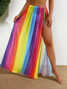 SHEIN Swim Summer Beach Rainbow Gradient High-Slit Cover Up Skirt - Multicolor - View 5