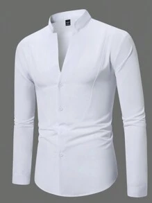 Manfinity Homme 男士纯色简约百搭日常长袖衬衫，适合秋季 - 白色 - 查看 1