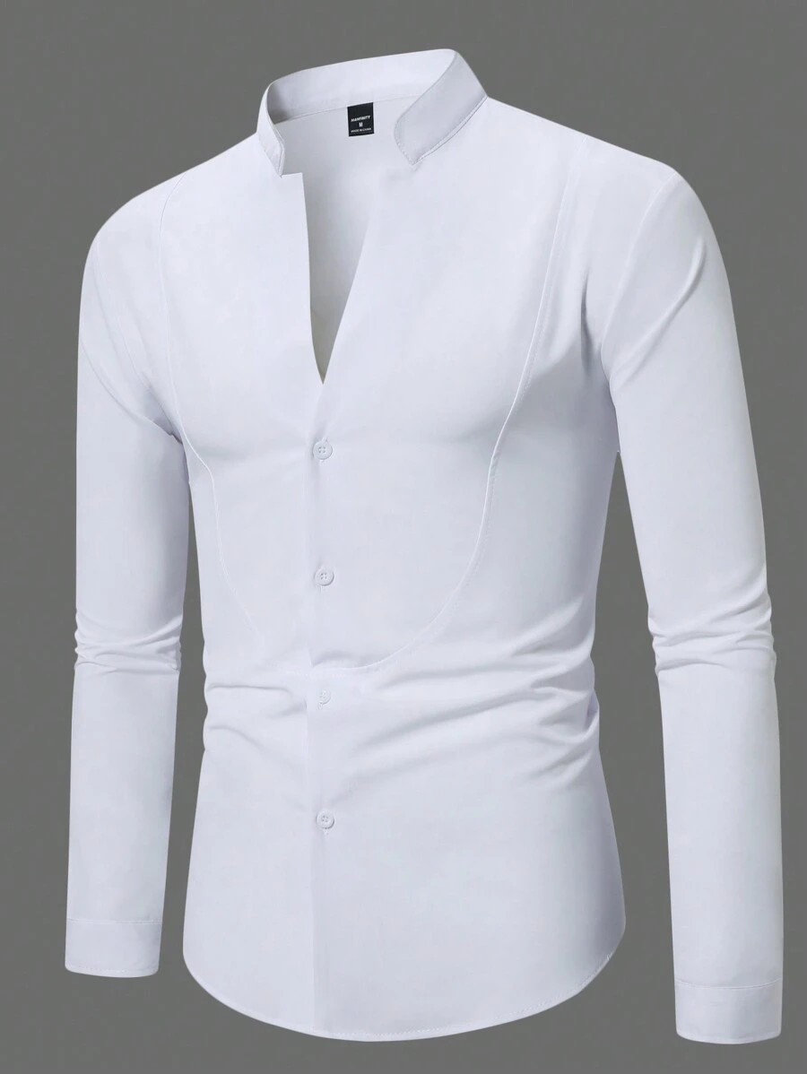 Manfinity Homme 男士纯色简约百搭日常长袖衬衫，适合秋季 - 白色 - 查看 1