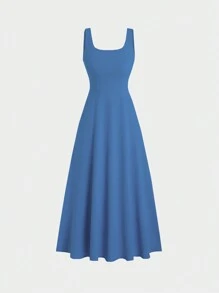 Sweetra Women Fashion Solid Color Woven Sleeveless Dress - Teal Blue - View 1