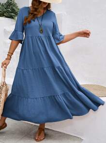 EMERY ROSE Plus Size Women's Deep V-Neck Ruffle Sleeve Multi-Tiered Hem Long Yellow Dress For Summer
