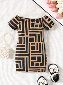 SHEIN Baby Mädchen Sommer Lässig Strick Kleid mit geometrischem Muster, Off-Shoulder Kurzarm-Design und Elastizität