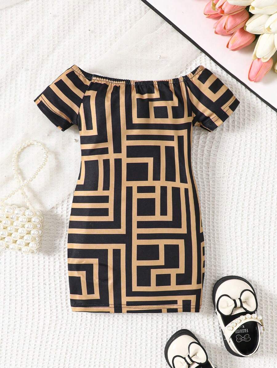 SHEIN Baby Mädchen Sommer Lässig Strick Kleid mit geometrischem Muster, Off-Shoulder Kurzarm-Design und Elastizität