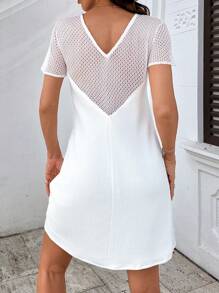 RueChic Waffle Knit Contrast Lace Raglan Sleeve Button Front Dress - White - View 2