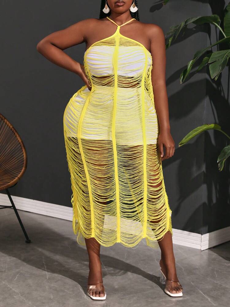 Plus Size Long Knit Dress With See-Through Design, Solid Color And Tight Fit, Sleeveless With Neck Strap For Vacation And Sexy Look - Z