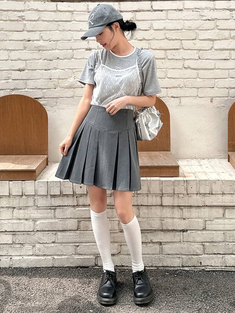 Women Fashion Solid Color Simple Pleated Skirt Fall Skirts
