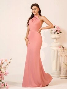 SHEIN Belle 女性優雅的褐紅色伴娘禮服，採用交叉和打結的頸部設計，露背設計，光滑而柔順的絲緞面料和美人魚下擺 - 紅色 - 查看 6