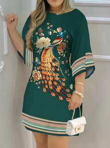 EMERY ROSE 女性時尚孔雀印花連衣裙 - 青檸色 - 查看 1