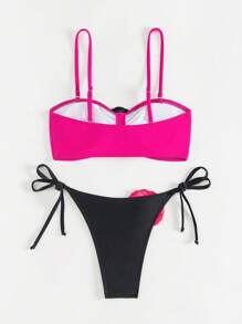 SHEIN Swim Conjunto de bikini con decoración de flores 3D de color contrastante, para verano en la playa - Rosa Fucsia - Ver 7