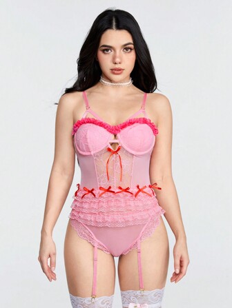 Kawaii مثير الدانتيل شبكة الربط القوس عقدة التعادل طبقة كعكة ارتداءها مع Underwire وحزام مطاطي