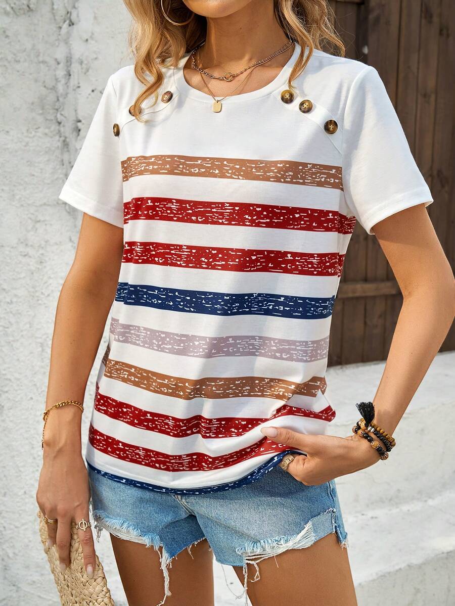 SHEIN LUNE Áo thun nữ sọc đầy màu sắc trang trí tay áo ngắn mùa hè thời trang thông thường - Nhiều màu - Xem 1