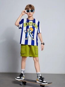 Tween Boy Loose Fit Áo thun ngắn tay họa tiết hoạt hình sọc đơn giản và quần short - trắng - Xem 5