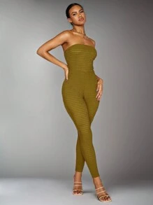 SHEIN BAE Fashion Solid Textured Strapless Unitard - Mustard Yellow - View 4
