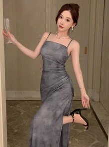 DAZY 女士时尚扎染印花细肩带连衣裙，生日、新年舞会礼服，优雅太阳裙 - 灰色 - 查看 4