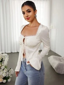 PARTHEA Square Neck Lace Spliced Tie Front Satin Crop Top - Apricot - View 4