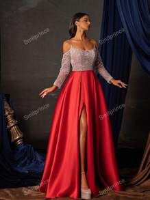 Women's Color Block Off Shoulder Long Sleeve Beaded Decor Long Elegant Evening Dress, Formal