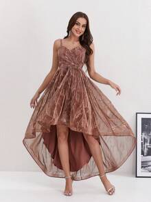 yanchunxier Women's Elegant High Low Asymmetrical Spaghetti Strap Prom Dress In Subtle Shimmer Woven Fabric Party Dress Elegant Dresses For Party Party Dresses For Women Long Party Dresses Elegant Party Dresses For Women Winter Dress Winter Dresses For Women New Year Dress - Rust Brown - View 4