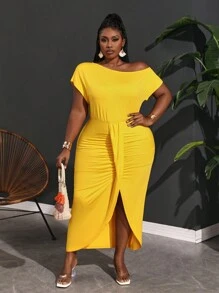 Slaydiva Plus Size Thanh Lịch & Dự Tiệc Trơn Vai Xiên Xẻ Cao Hem Bất Đối Xứng Đầm Nữ Tay Ngắn - Z - Màu vàng - Xem 4