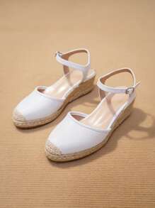 Women Wedge Heel Thick Bottom Woven Platform White Sandals For Beach - White - View 6