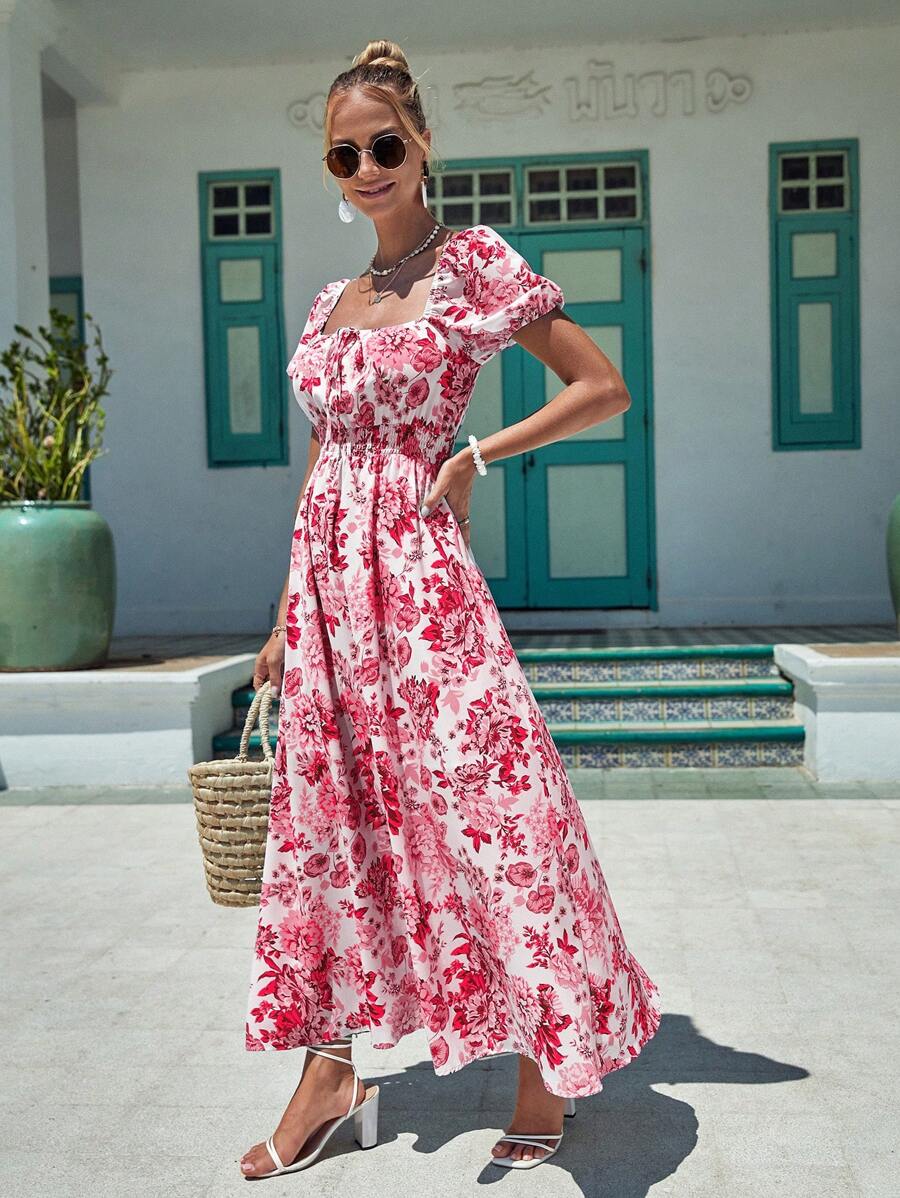 SHEIN VCAY Đầm cổ vuông họa tiết hoa thời trang dành cho nữ - Đỏ và trắng - Xem 1