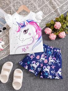 SHEIN 少女休閒圓領荷葉邊連身短上衣和短褲套裝 - 藍色 - 查看 1