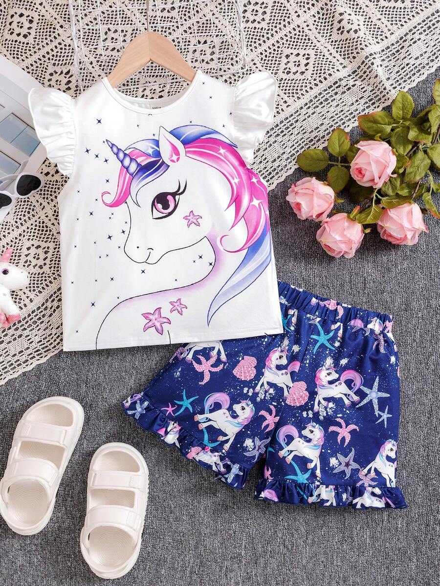 SHEIN 少女休閒圓領荷葉邊連身短上衣和短褲套裝 - 藍色 - 查看 1