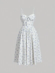 SHEIN MOD 大码女式蓝色碎花蕾丝边浪漫夏季吊带裙、沙滩裙、太阳裙、波西米亚风度假装、紧身胸衣裙