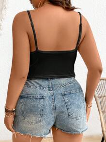 SHEIN Frenchy 加大尺碼夏季休閒純色蕾絲拼接背心上衣 - 黑色 - 查看 2
