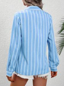 SHEIN LUNE 春季休闲拼色条纹翻领长袖衬衫 - 淺藍色 - 查看 2